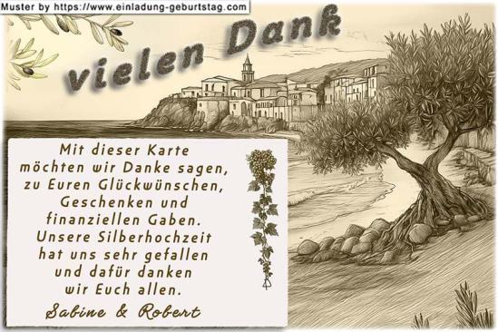 Die Danksagung zur Silberhochzeit - eine mediterrane Danksagungskarte mit einem Küstenort im Hintergrund und Olivenbäumen im Vordergrund.