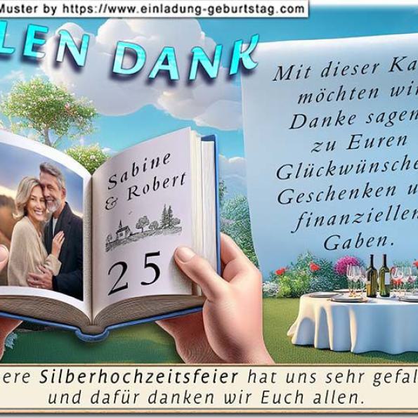 die Danksagungskarte zur Silberhochzeit mit der Zahl 25 auf einem Wegweiser