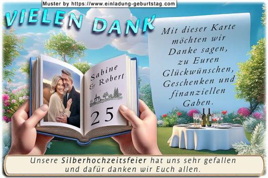 Die Danksagung zur Silberhochzeit - ein aufgeschlagenes Buch, gehalten von 2 Händen: in die linke Buchseite wird ein Foto von Ihnen eingesetzt.
