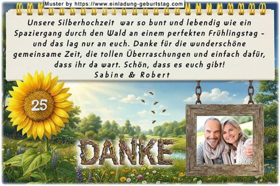 Die Danksagung zur Silberhochzeit - Ihr Foto wird in den rustikalen Holzrahmen eingesetzt, der am Textfeld hängt. In die Sonnenblume wird Ihre Jubiläumszahl gedruckt.