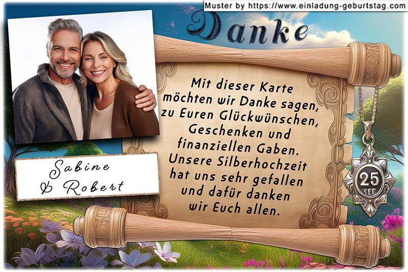 Die Danksagung zur Silberhochzeit - Ihr Foto wird mit einer Schattierung versehen und schräg gestellt links neben eine Schriftrolle eingesetzt.
