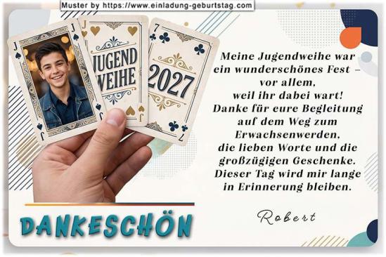 Die Danksagung zur Jugendweihe mit deinem Foto auf einer von 3 Spielkarten