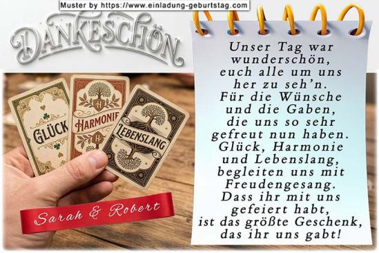 Die Dankeskarte zur Hochzeit - 3 Spielkarten in Ihrer Hand – Glück – Harmonie und Lebenslang. Darunter auf ein Schleifenband werden Ihre Namen eingesetzt.