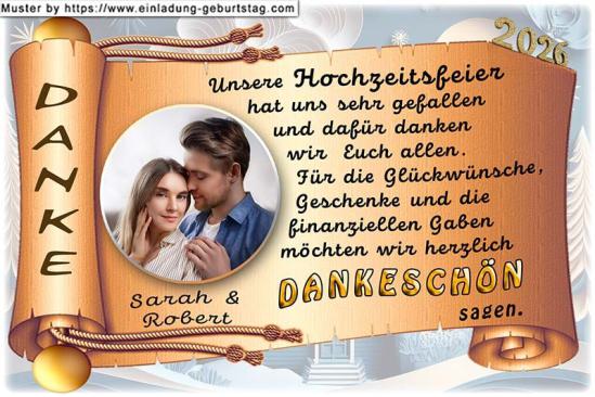 Die Dankeskarte zur Hochzeit - Ihr Foto wird rund ausgeschnitten und links neben Ihrem frei wählbaren Danksagungstext auf eine Schriftrolle gedruckt.