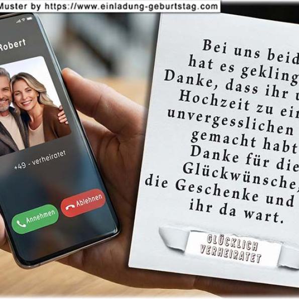 Die Dankeskarte zur Hochzeit mit Ihrem Text auf einer Goldpapierrolle