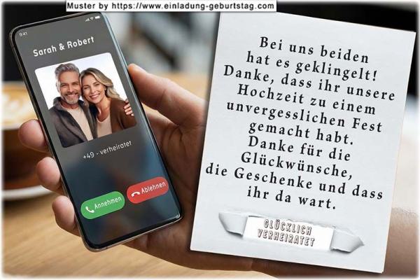 Die Dankeskarte zur Hochzeit mit Ihrem Text auf einer Goldpapierrolle