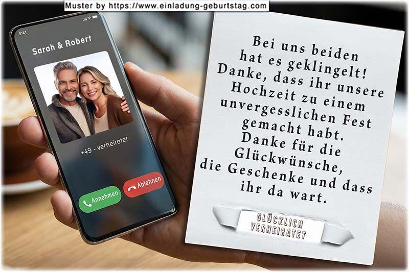 Die Dankeskarte zur Hochzeit - Ihr Foto wird in das Display eines Handys eingesetzt. Darüber befinden sich Ihre Namen. Bei uns beiden hat es geklingelt.