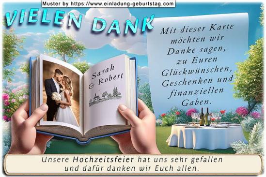 Die Dankeskarte zur Hochzeit - ein aufgeschlagenes Buch gehalten von 2 Händen. In die gesamte linke Seite wird Ihr Foto eingesetzt.