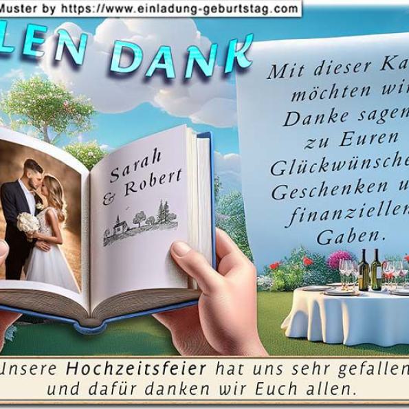 Die Dankeskarte zur Hochzeit mit Ihrem Foto auf einer Goldpapierrolle