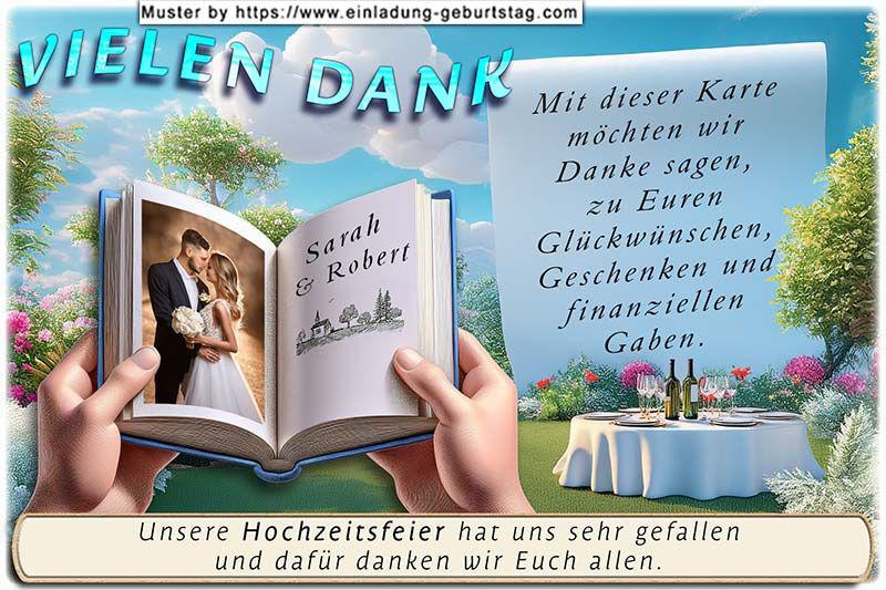 Die Dankeskarte zur Hochzeit - ein aufgeschlagenes Buch gehalten von 2 Händen. In die gesamte linke Seite wird Ihr Foto eingesetzt.