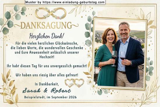 Die Dankeskarte zur Hochzeit - Ihr Foto wird mit einer dezenten Umrandung leicht schräg gestellt in die Dankeskarte eingesetzt. Unter einem Ewigkeitssymbol befindet sich Ihr Dankestext.