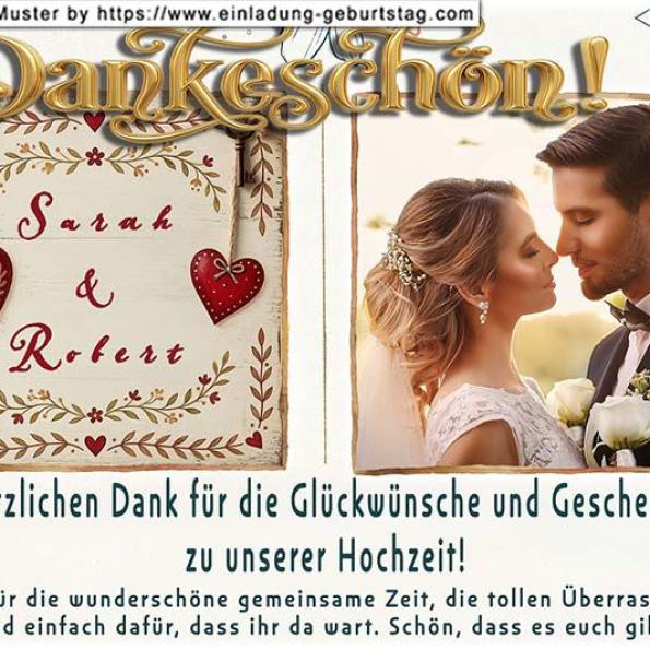 Die Dankeskarte zur Hochzeit mit Ihrem Foto auf einer Goldpapierrolle zwischen 2 Textfeldern