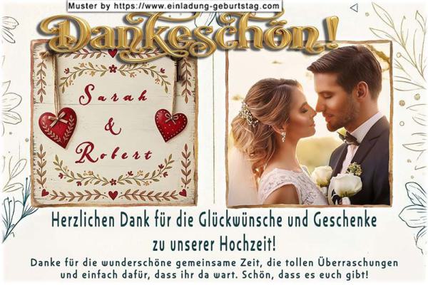 Die Dankeskarte zur Hochzeit mit Ihrem Foto auf einer Goldpapierrolle zwischen 2 Textfeldern