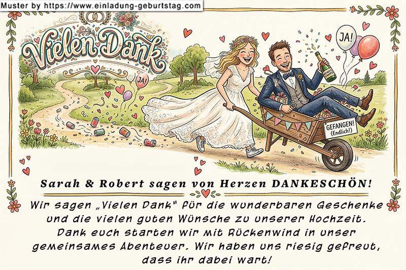 Die Dankeskarte zur Hochzeit - die Braut fährt Ihren Mann in einer Schubkarre nach Hause - gefangen (endlich). Ein lustiges Bild für ein Dankeschön an Ihre Gäste.