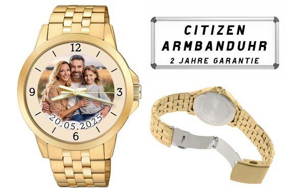 Armbanduhr der Firma Citizen für Herren mit Fotozifferblatt in Gold plattiert