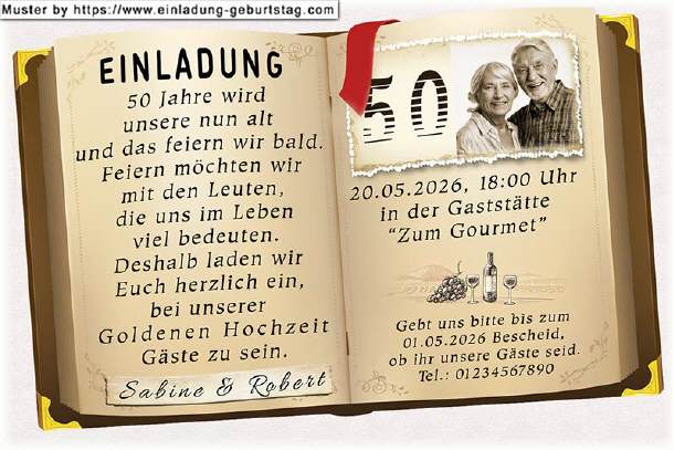 Einladung Goldene Hochzeit mit Foto im Buch