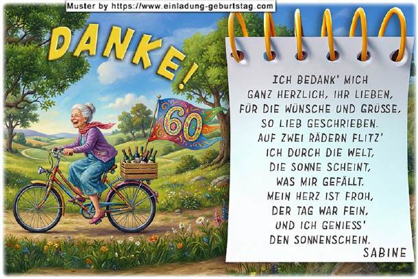 Dankeskarte Geburtstag, die Frau auf dem Fahrrad