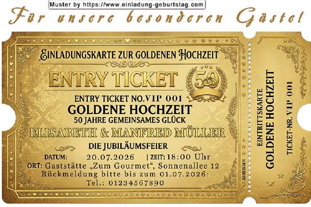 Einladung Goldene Hochzeit lustig - das Goldticket