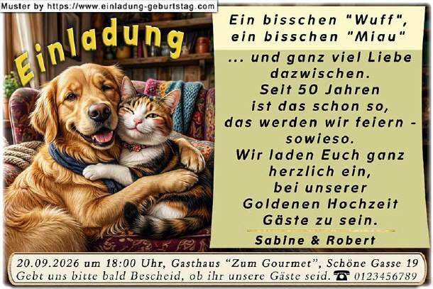 lustige Einladung Goldene Hochzeit, Hund & Katze